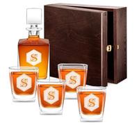 Maverton set Caraffa da whisky e cognac + 4/6 bicchieri - con incisione personalizzata - Decanter in vetro per whiskey da 0,81 L - Bottiglia per compleanno - pensiero per papà - lettera