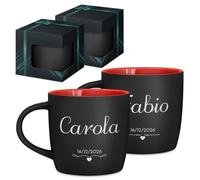 Maverton Set di 2 Tazze Colazione - Due Tazze Personalizzate in Ceramica per Coppia - Tazzine Caffe Nere Opache con Interno Rosso- Idee Regalo Fidanzato Anniversario Genitori
