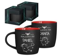 Maverton Set di 2 Tazze Colazione - Due Tazze Personalizzate in Ceramica per Coppia - Tazzine Caffe Nere Opache con Interno Rosso- Idee Regalo Fidanzato Anniversario Genitori