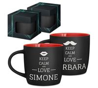 Maverton Set di 2 Tazze Colazione - Due Tazze Personalizzate in Ceramica per Coppia - Tazzine Caffe Nere Opache con Interno Rosso- Idee Regalo Fidanzato Anniversario Genitori