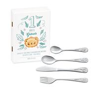 Maverton Set di 4 posate per bambini con incisione + scatola in legno con stampa personalizzata - motivo animali - idee regalo per il battesimo bimbo - leone