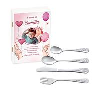 Maverton Set di 4 posate per bambini con incisione + scatola in legno con stampa personalizzata - motivo animali - idee regalo per battesimo bimba - conigli