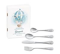 Maverton Set di 4 posate per bambini con incisione + scatola in legno con stampa personalizzata - motivo animali - idee regalo per il battesimo bimbo - legame
