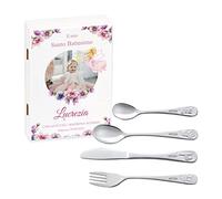 Maverton Set di 4 posate per bambini con incisione + scatola in legno con stampa personalizzata - motivo animali - idee regalo per battesimo bimba - principessa