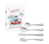 Maverton Set di 4 posate per bambini con incisione + scatola in legno con stampa personalizzata - motivo animali - idee regalo per il battesimo bimbo - nave