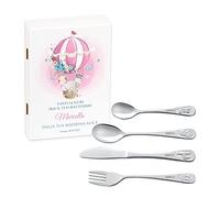 Maverton Set di 4 posate per bambini con incisione + scatola in legno con stampa personalizzata - motivo animali - idee regalo per battesimo bimba - mongolfiera