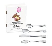 Maverton Set di 4 posate per bambini con incisione + scatola in legno con stampa personalizzata - motivo animali - idee regalo per battesimo bimba - dolcezza