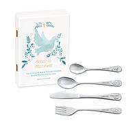 Maverton Set di 4 posate per bambini con incisione + scatola in legno con stampa personalizzata - motivo animali - idee regalo per il battesimo bimbo - colombo