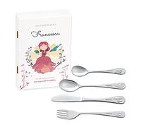Maverton Set di 4 posate per bambini con incisione + scatola in legno con stampa personalizzata - motivo animali - idee regalo per battesimo bimba - fata
