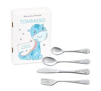 Maverton Set di 4 posate per bambini con incisione + scatola in legno con stampa personalizzata - motivo animali - idee regalo per il battesimo bimbo - benvenuto