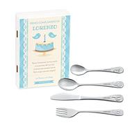 Maverton Set di 4 posate per bambini con incisione + scatola in legno con stampa personalizzata - motivo animali - idee regalo per il battesimo bimbo - torta
