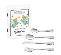 Maverton Set di 4 posate per bambini con incisione + scatola in legno con stampa personalizzata - motivo animali - idee regalo per battesimo bimba - angeli