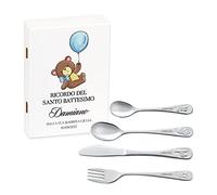 Maverton Set di 4 posate per bambini con incisione + scatola in legno con stampa personalizzata - motivo animali - idee regalo per il battesimo bimbo - pensiero