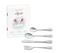 Maverton Set di 4 posate per bambini con incisione + scatola in legno con stampa personalizzata - motivo animali - idee regalo per il battesimo bimbo - elefante