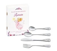 Maverton Set di 4 posate per bambini con incisione + scatola in legno con stampa personalizzata - motivo animali - idee regalo per battesimo bimba - celeste