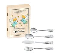Maverton Set di 4 posate per bambini con incisione + scatola in legno con stampa personalizzata - motivo animali - idea regalo neonata femmina - angeli