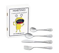 Maverton Set di 4 posate per bambini con incisione + scatola in legno con stampa personalizzata - motivo animali - idee regalo per il battesimo bimbo - mangione