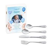 Maverton Set di 4 posate per bambini con incisione + scatola in legno con stampa personalizzata - motivo animali - idee regalo per il battesimo bimbo - festa