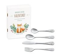Maverton Set di 4 posate per bambini con incisione + scatola in legno con stampa personalizzata - motivo animali - idee regalo per il battesimo bimbo - volpe
