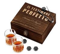 Maverton Set di Pietre da Whisky - cofanetto con incisione personalizzata - 8 cubetti di ghiaccio + 2 bicchieri - in granito - riutilizzabili - idea regalo uomo - testimone
