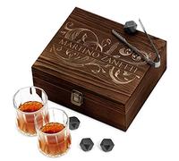Maverton Set di Pietre da Whisky - in un cofanetto di legno con incisione personalizzata - 8 cubetti di ghiaccio + 2 bicchieri - riutilizzabili - in granito - idea regalo per coppia - fantasia