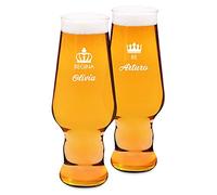 Maverton set x2 Bicchieri per la Birra - particolari - in vetro con personalizzazione - capienza 400 ml - H20 cm x Ø7,8 cm - Perfetti per ogni coppia amante della buona Birra - regina e re