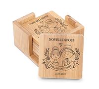 Maverton Sottobicchieri in bambù - quadrati - con incisione personalizzata - 7,7cm x 7,7cm - completo da 6 pezzi - pensiero speciale per la coppia - promessi sposi