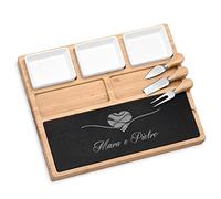 Maverton Tagliere per formaggio e salumi - rettangolare - piatto da formaggio - in ardesia e bambù - incisione personalizzata - set 3 posate - pensiero speciale anniversario - regalo di Natale - amore