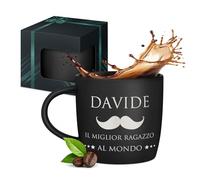 Maverton Tazza da caffè macchiato o tè in ceramica - 400 ml - Incisione personalizzata - Tazze con manico per bevande per Lui - Bicchiere da colazione per compleanno uomo - Interno nero - baffo