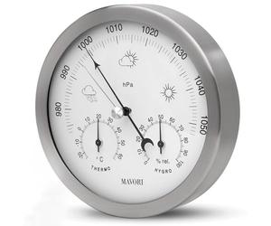 MAVORI® Stazione meteo analogica - Barometro, Igrometro e Termometro 3in1 per interni ed esterni - barometro analogico in acciaio inox Ø 13,5cm con vetro acrilico dal design moderno