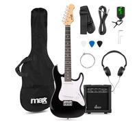 Max GigKit Junior Chitarra Elettrica Set per Principianti, Taglia 3/4, Nero - Kit Completo per Bambini 8-13, Amplificatore 20W, Cuffie, Custodia, Accordatore Digitale, Tracolla, Plettri, Corde di