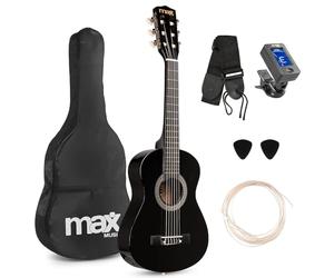 Max SoloArt Junior - Chitarra acustica 1/4 per principianti, set di strumenti in legno con accessori, ideale come regalo musicale per bambini, colore nero