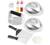 MaxAwe Set da 10 pezzi per smash hamburger, kit di cottura in acciaio inox con 2 coperchi per insaporire, 2 spatole per grill, 2 bottiglie da spremere, pressa per hamburger, shaker per spezie e 100