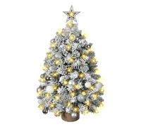 MaxEarn Mini albero di Natale con 60 luci a LED, 60 cm, albero floccato argento con fiocco, campana, fiocco di neve, decorazioni di auguri, albero di Natale artificiale come decorazione da tavolo per