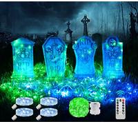 Maxee 4 pezzi pietra lapide di Halloween, decorazione cimitero con 1 catena luminosa con telecomando e 4 luci, cartelli per cimitero RIP per feste in giardino