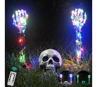 Maxee Set di teschi luminosi per Halloween, 1 teschio e 2 mani con catena luminosa da 5 m e telecomando (8 modalità e timer), 2 catene di luci verdi (3 modalità), decorazione di Halloween per esterni