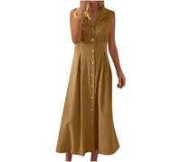 Maxi abiti casual da donna in cotone e lino, elegante abito senza maniche con colletto con pieghe e bottoni aperti sul davanti, abito estivo lungo a camicia I miei ordini Vendita Offerte di