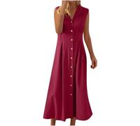 Maxi abiti casual da donna in cotone e lino, elegante abito senza maniche con colletto con pieghe e bottoni aperti sul davanti, abito estivo lungo a camicia I miei ordini Vendita Offerte di