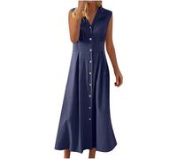 Maxi abiti casual da donna in cotone e lino, elegante abito senza maniche con colletto con pieghe e bottoni aperti sul davanti, abito estivo lungo a camicia I miei ordini Vendita Offerte di