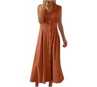 Maxi abiti casual da donna in cotone e lino, elegante abito senza maniche con colletto con pieghe e bottoni aperti sul davanti, abito estivo lungo a camicia I miei ordini Vendita Offerte di