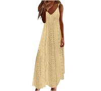 Maxi abiti da donna 2025 da donna con serratura scavata fuori abito da vacanza tinta unita senza maniche con scollo a V abiti midi per le donne, Giallo, XL