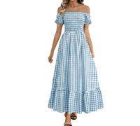 Maxi abiti da donna a quadri con scollo quadrato a una linea casual per le vacanze lunghe prendisole con spalle scoperte abiti estivi a maniche a sbuffo leggero a maniche corte boho abito da spiaggia