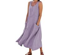 Maxi abiti da donna casual in cotone e lino, girocollo, senza maniche, con tasche, tinta unita, taglie forti, vestibilità larga, gonna leggera per estate, spiaggia, vocazione, vacanze, abito semplice