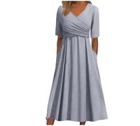 Maxi abiti da donna UK con stampa floreale con tasca laterale, abito midi elegante con scollo a V, Grigio, 3XL