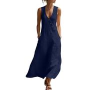 Maxi abiti estivi da donna 2026 in lino con scollo a V, senza maniche, da spiaggia, prendisole con bottoni, casual, con tasche, per l'estate Hoiday, Marina Militare, XL