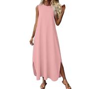 Maxi abiti estivi da donna, senza maniche, casual, con scollo rotondo, da spiaggia, lunghi, copricostume da bagno con maniche grandi, rosa, S