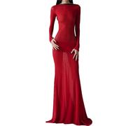 Maxi abito aderente da donna in rete a maniche lunghe incrociate con lacci sulla schiena scoperta per feste club abiti increspati, Rosso, Taglia unica