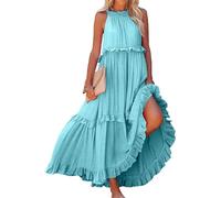 Maxi abito da donna a balze con volant, estivo, senza maniche, con allacciatura sul retro, vestibilità ampia, abito lungo svasato con punto smock per cocktail formale matrimonio ospite, Blu, L