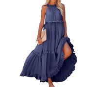 Maxi abito da donna a balze con volant, estivo, senza maniche, con allacciatura sul retro, vestibilità ampia, abito lungo svasato con punto smock per cocktail formale matrimonio ospite, Marina