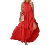 Maxi abito da donna a balze con volant, estivo, senza maniche, con allacciatura sul retro, vestibilità ampia, abito lungo svasato con punto smock per cocktail formale matrimonio ospite, Rosso, L